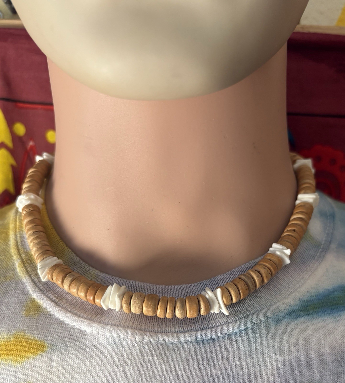 Shell Heishi Beaded Choker Necklace Brown White Ball/Bead Chain