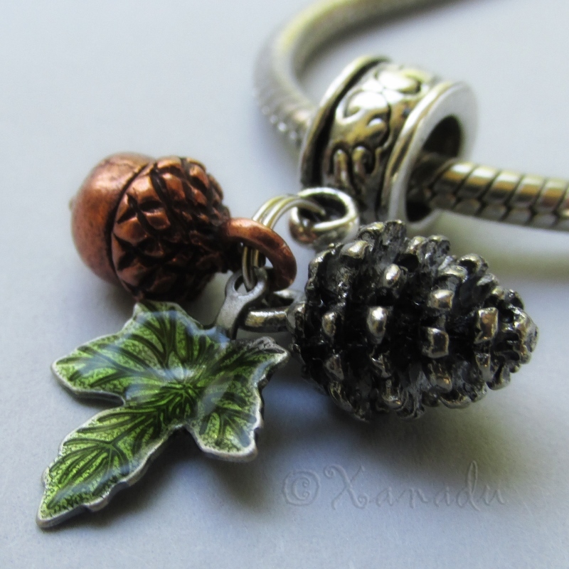 Autumn Fall Pendant Necklace With Silver Pine Cone, Copper Acorn And Green Leaf