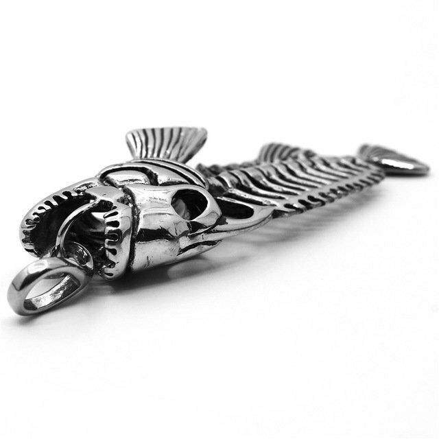 MENDEL Mens Fishing Fish Bone Skeleton Hook Necklace Pendant Stainless Steel Men