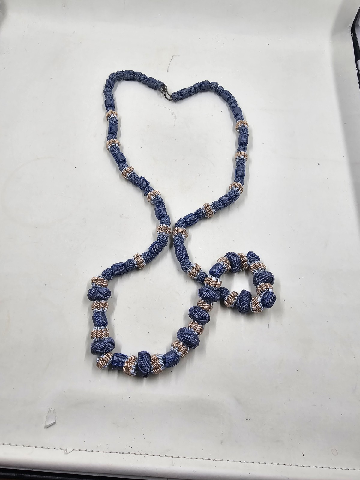 Vintage Blue Tan Woven Cord Knotted Bead Necklace 34in Boho Macrame Style