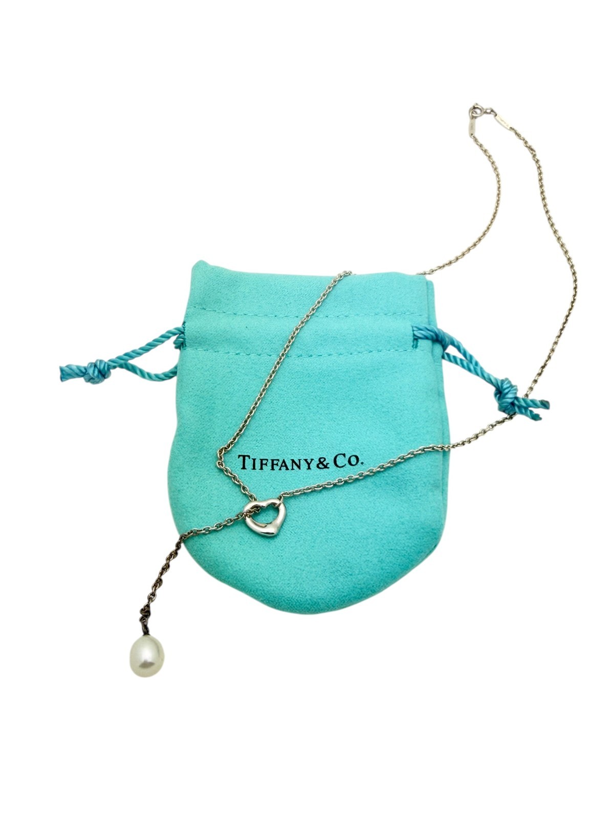 Tiffany & Co. Sterling Peretti Open Heart Pearl Lariat Pendant Necklace 18″