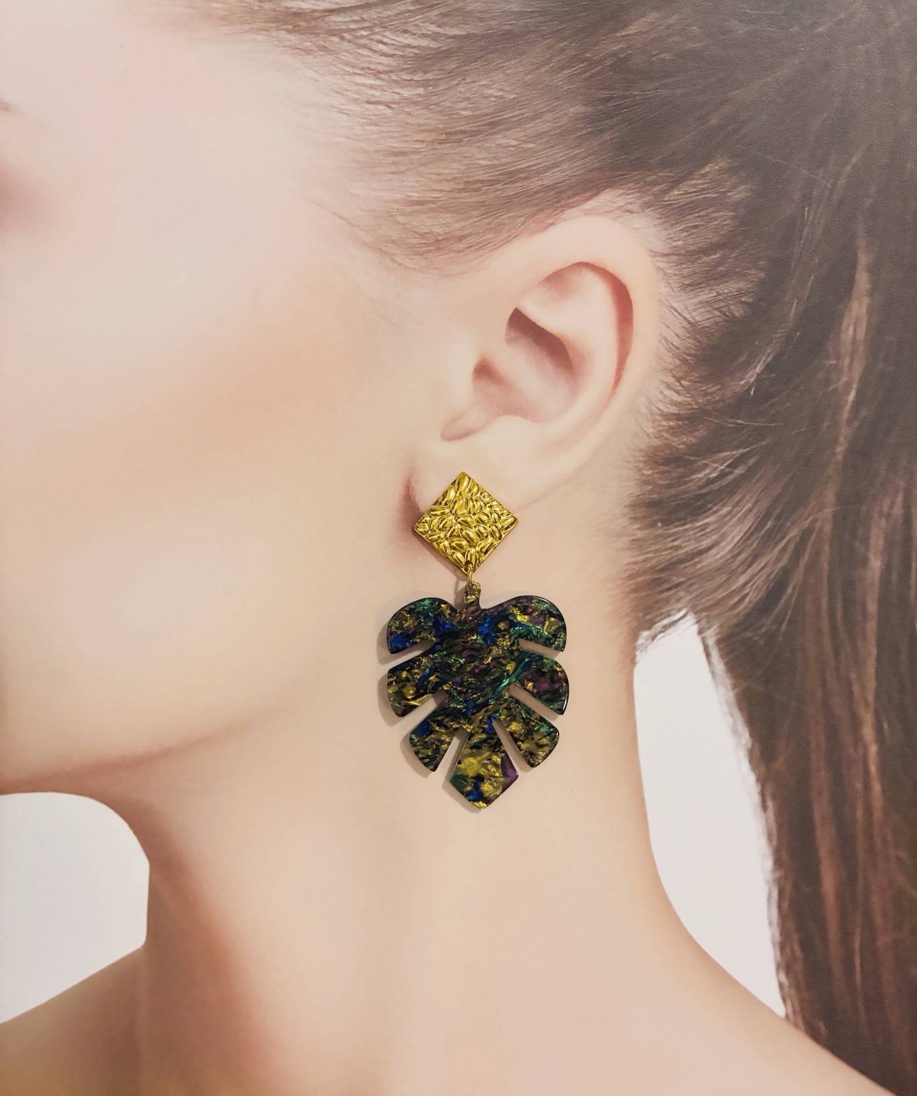 Marble Monstera Leaf Acrylic Mid-Century, Modern Earrings, High Quality,