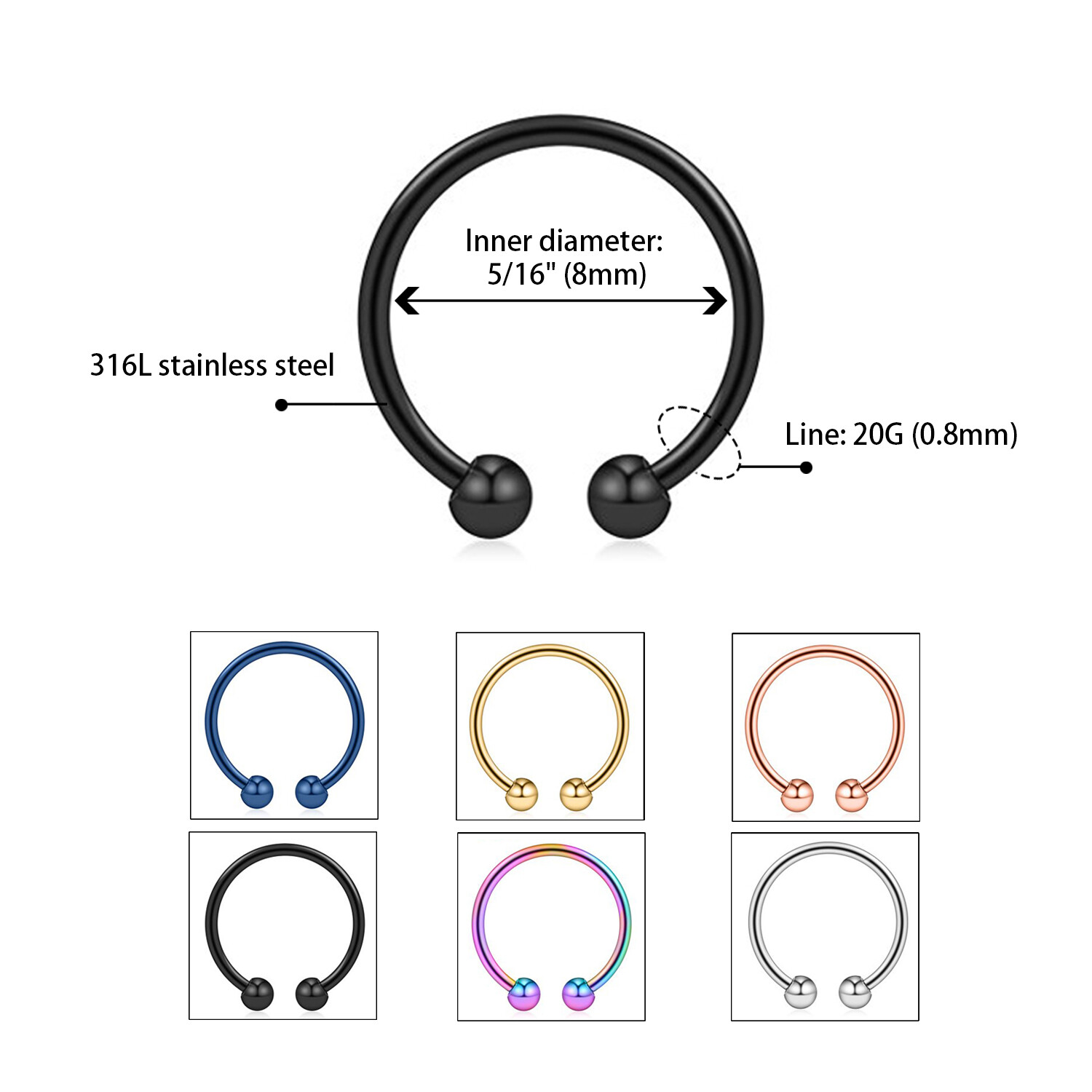 6Pcs 20G Horseshoe Septum Earrings Tragus Lip Nose Eyebrow Body Piercing Ring