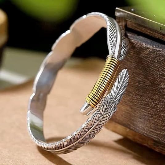 Vintage Feather Open Cuff Bracelet Retro Carved Boho Bangle Feather Jewelry Gift