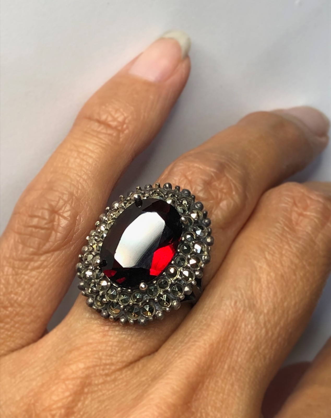 RARE Antique VICTORIAN Natural Large 10 Cts. RED ALMANDINE GARNET Sterling Ring