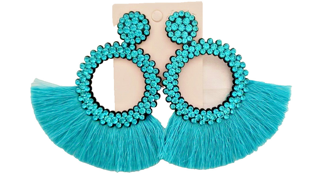 New Fashion Jewelry Dangle/ Drop Earrings Aqua Fringe Crystals Appx 3.5 inx3 in