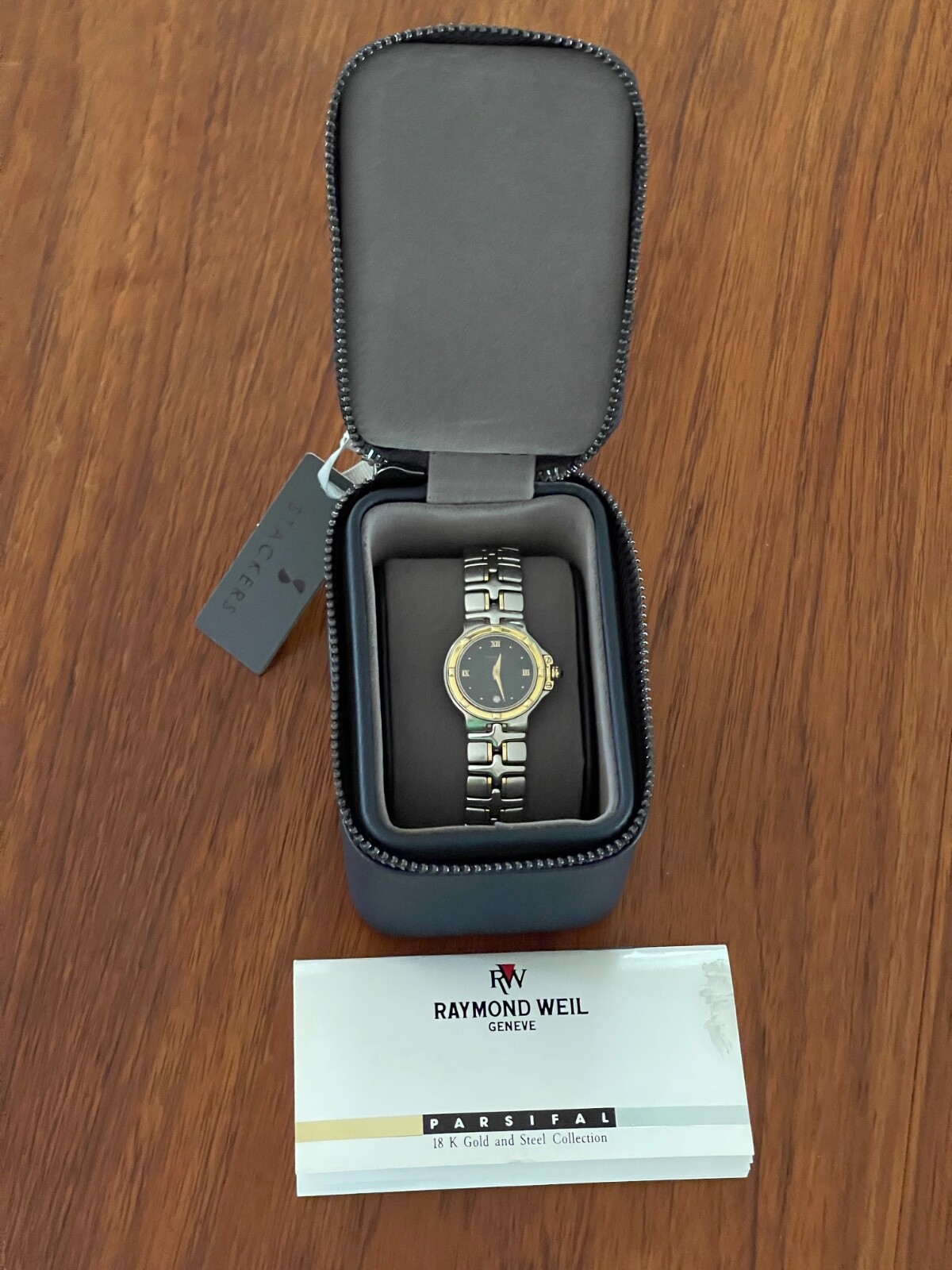 Vtg 1994 RAYMOND WEIL Parsifal 18kGold&Steel Black Dial Watch 9990+Stackers Case