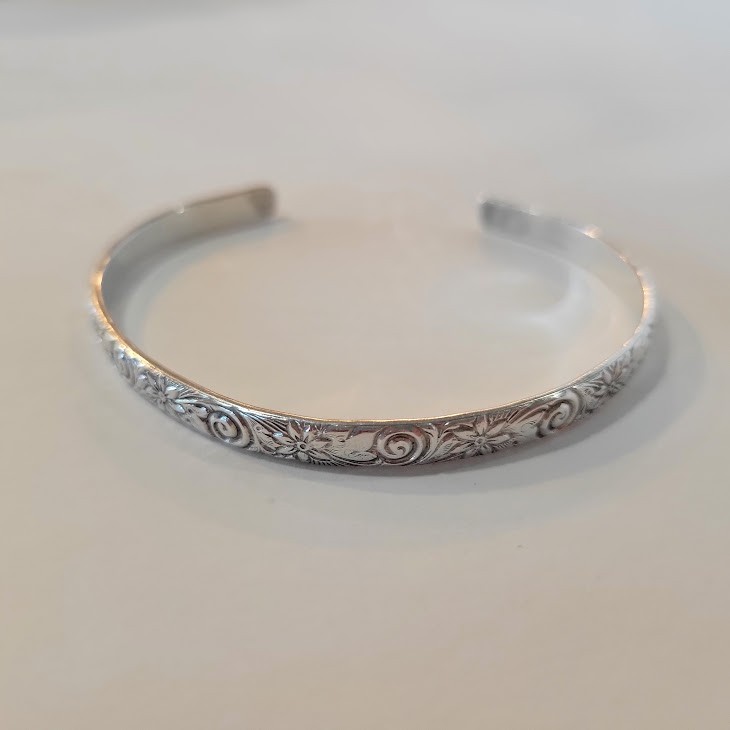 Sterling Silver Floral Cuff Bracelet Acid Tested Unmarked Botanical Swirl Bangle