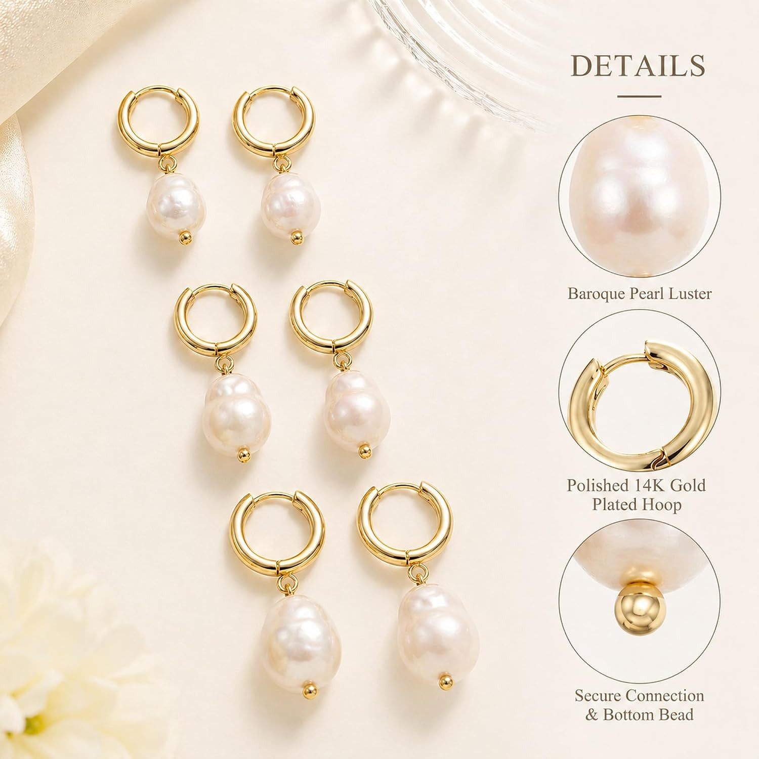 3 Pairs Huggie Hoop Pearl Earrings for Women, 14K Gold Plated Drop Dangle Earrin