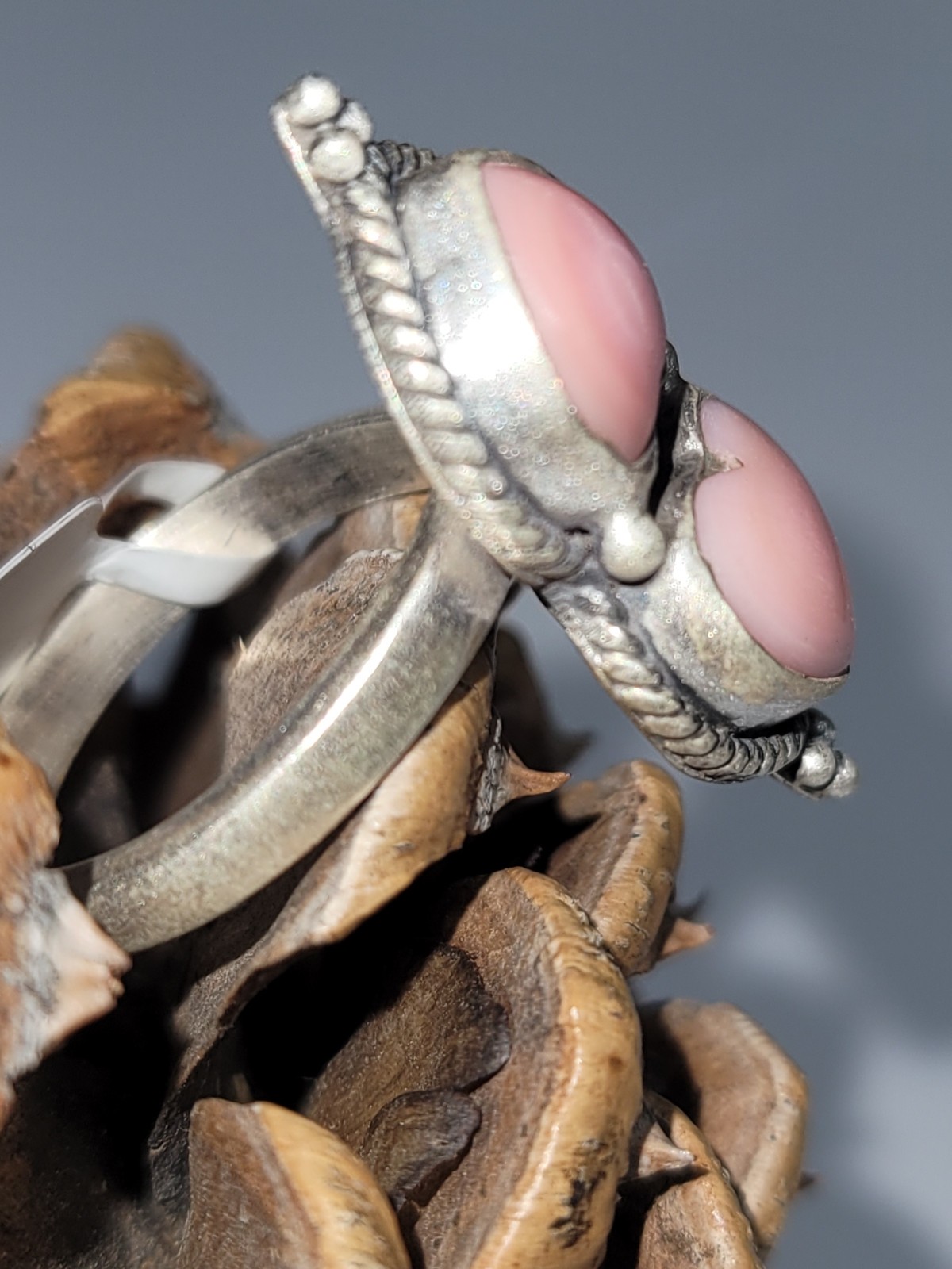 Pink conch double heart adjustable ring – SS 925 – handmade