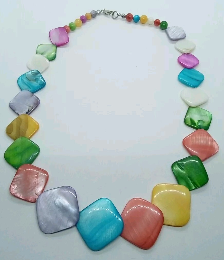 Vintage Colorful Rainbow Square Shell & Round Bead Necklace 29 1/2″ #86