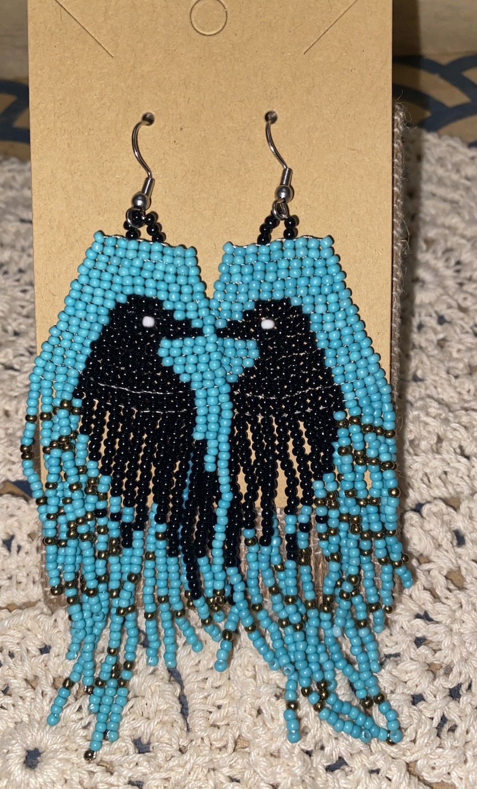 Black Raven Crow Seed Bead Earrings Turquoise Beaded Fringe Dangle Boho