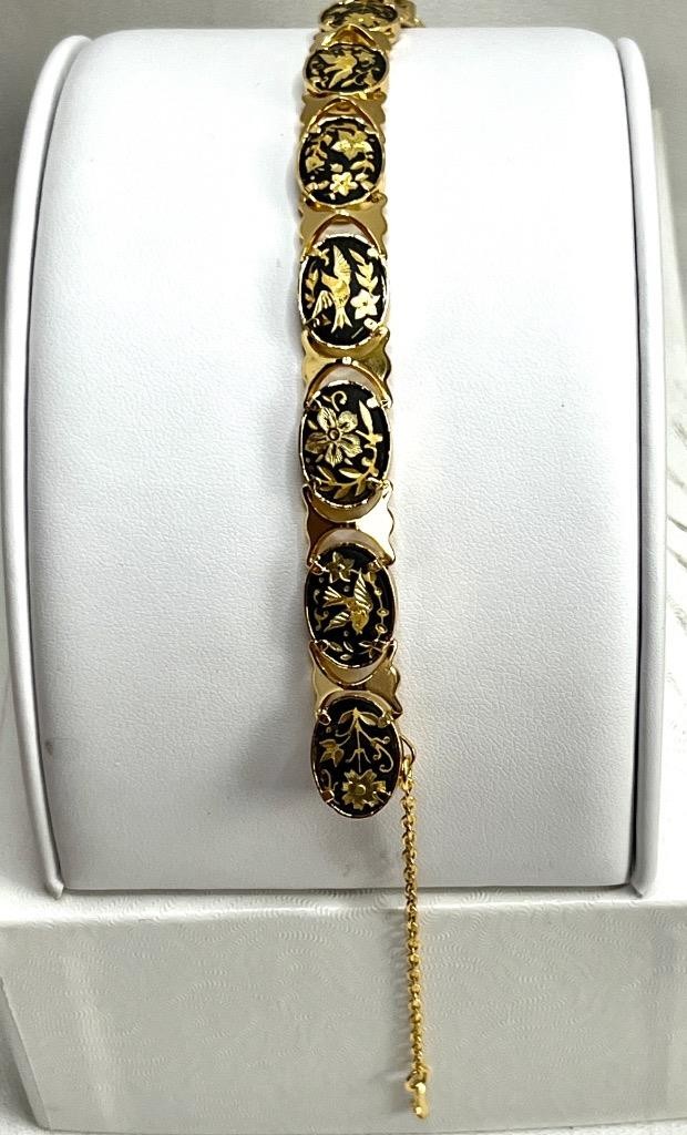 Vintage ia Midas Damascene Toledo Spain Oval Link Bracelet w/Doves Flowers #29-8