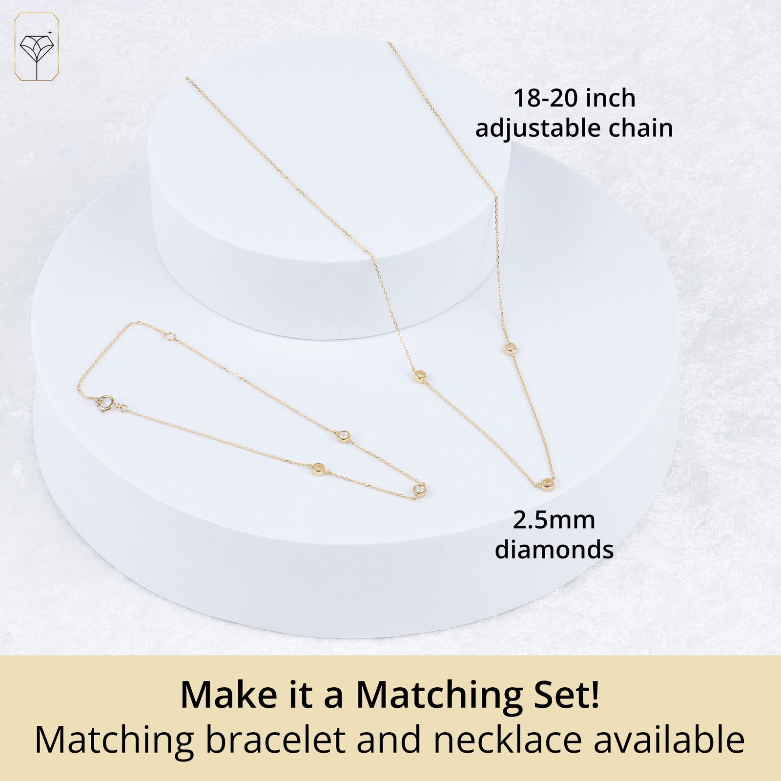 10K Gold Lab Grown Diamond Pendant Necklace 3 Station Bezel Set 18-20 Inch Chain