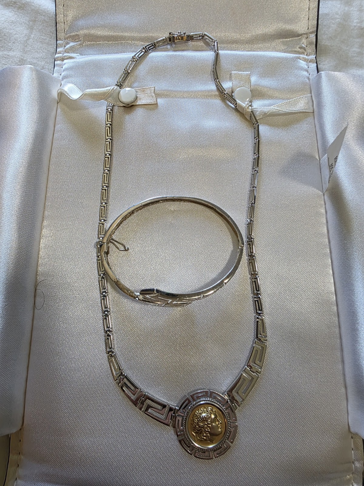 925 Sterling Silver Greek Key Necklace & Bracelet Set Gold-Tone Medallion