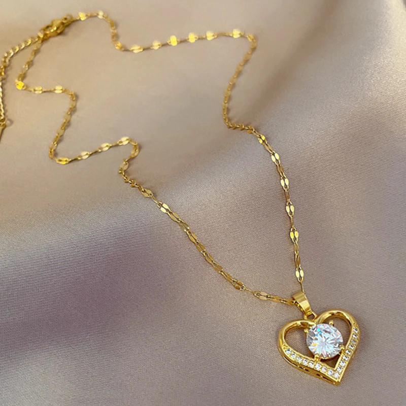 Women’s Fashion Jewelry Gold Heart Cubic Zircon Pendant Necklace 421