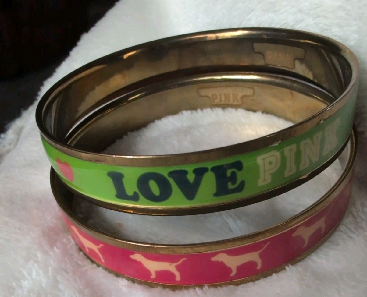 2 Vintage Victoria’s Secret Love Pink Dog Icon Bangle Bracelet Pair Y2K