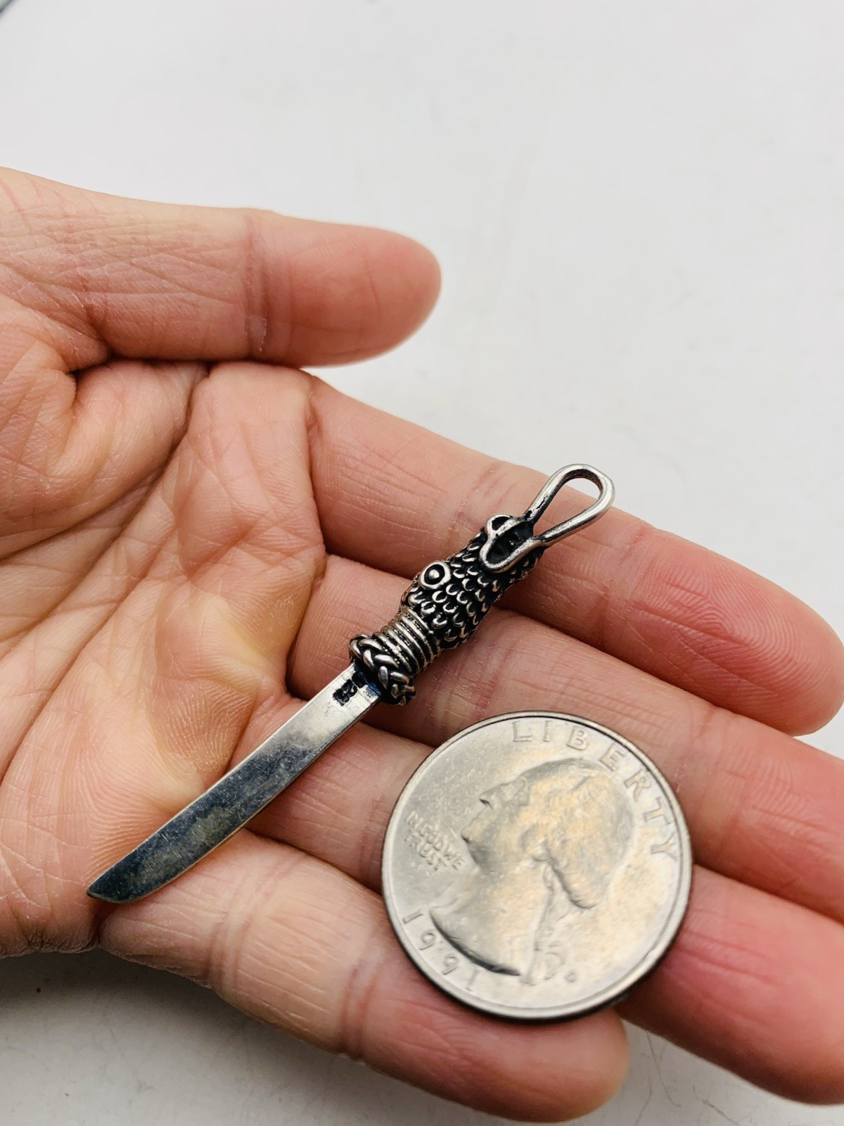 Vintage Sterling Silver 925 Asian Dragon Animal Dagger Knife Sword Charm Pendant