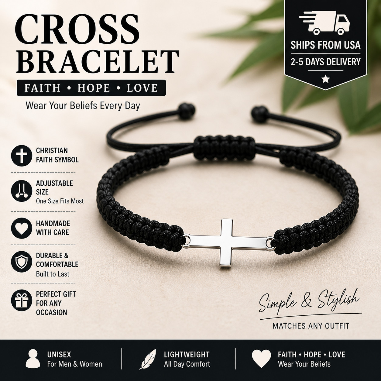 Christian Cross Bracelet Black String Adjustable Handmade Faith Jewelry Gift