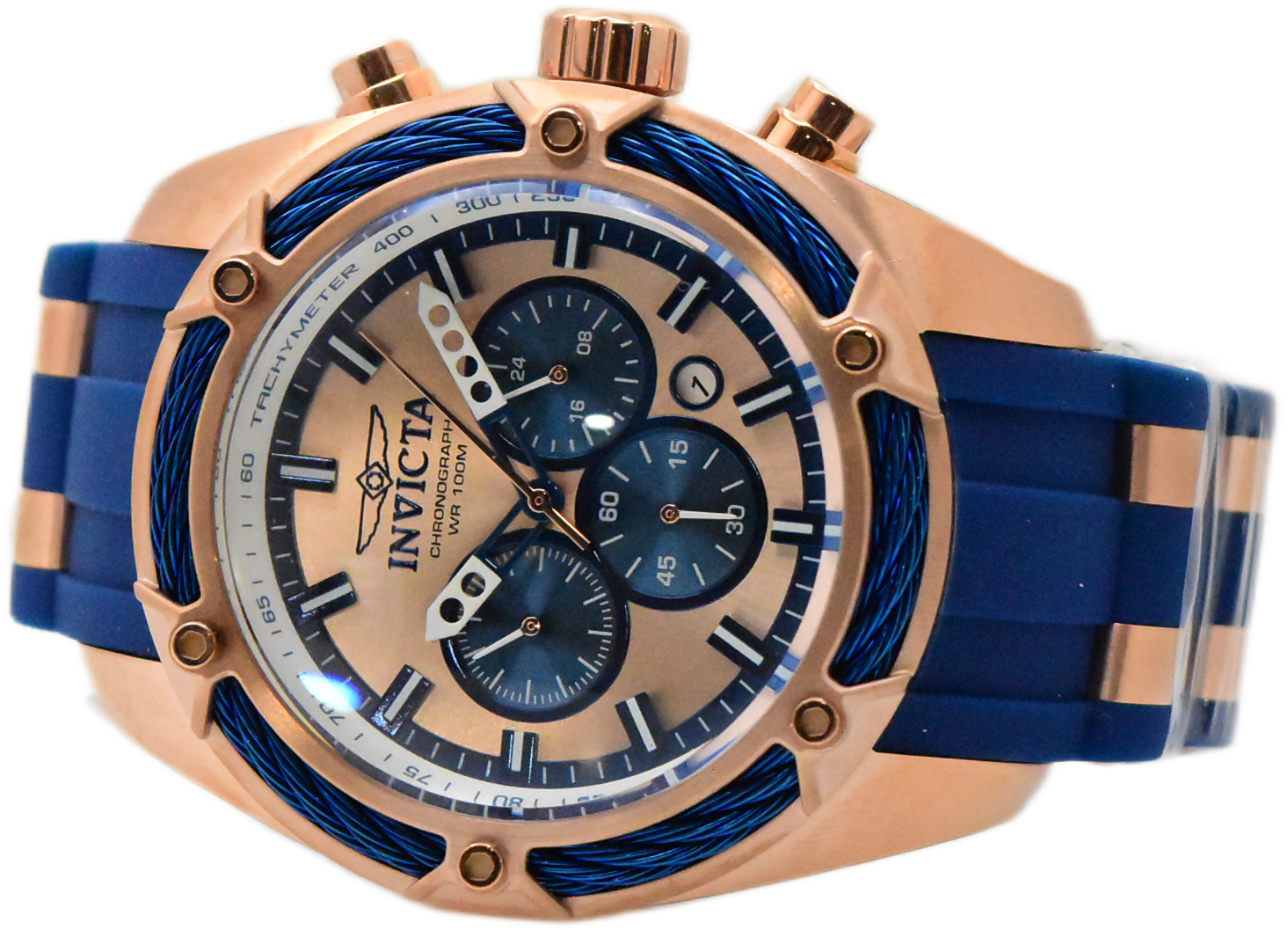 Invicta Bolt Men’s 52mm Rose Gold Blue Cable Silicone Chronograph Watch 31434