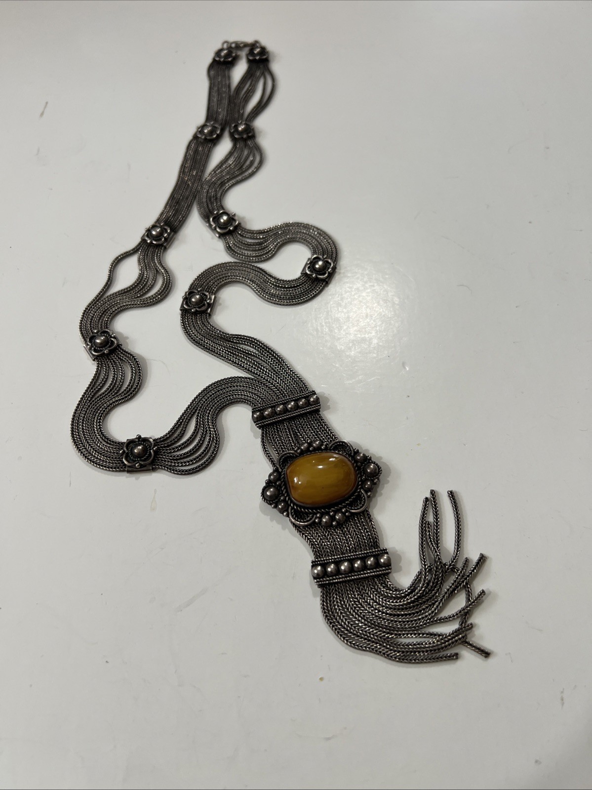 Sterling Silver 925 Honey Amber Multi Strand Foxtail Chain Tassel Necklace