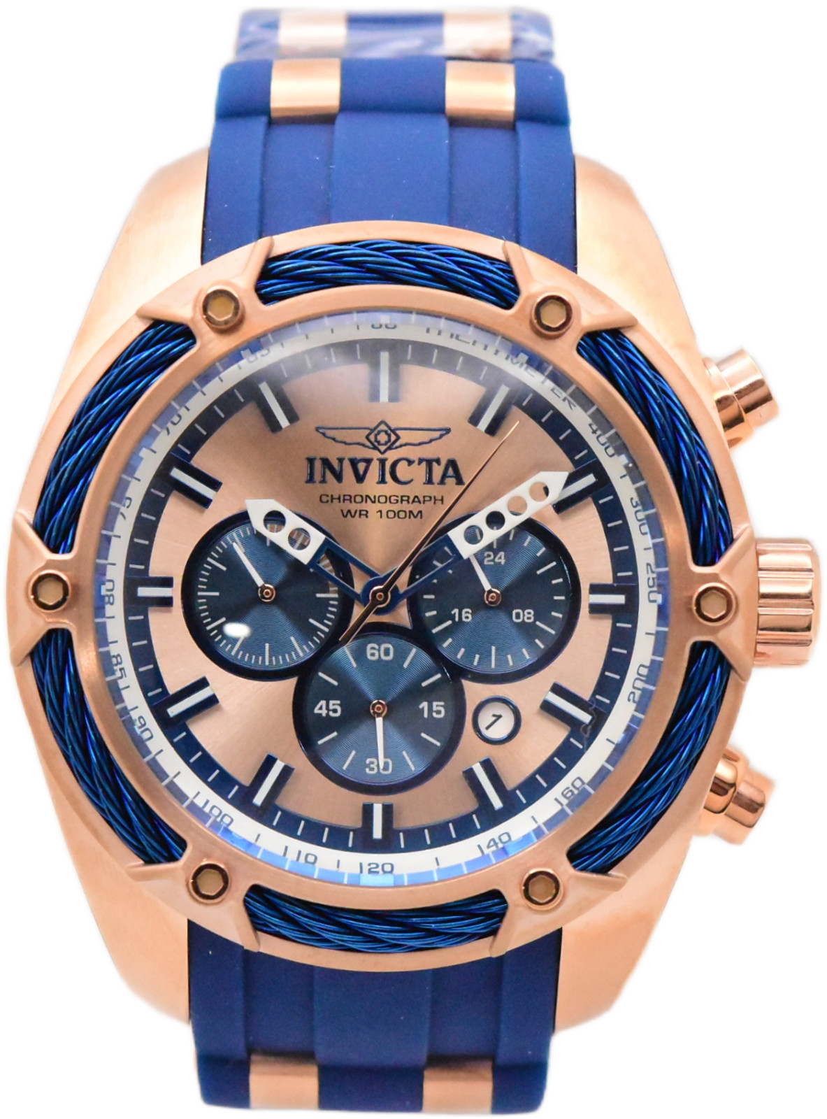 Invicta Bolt Men’s 52mm Rose Gold Blue Cable Silicone Chronograph Watch 31434