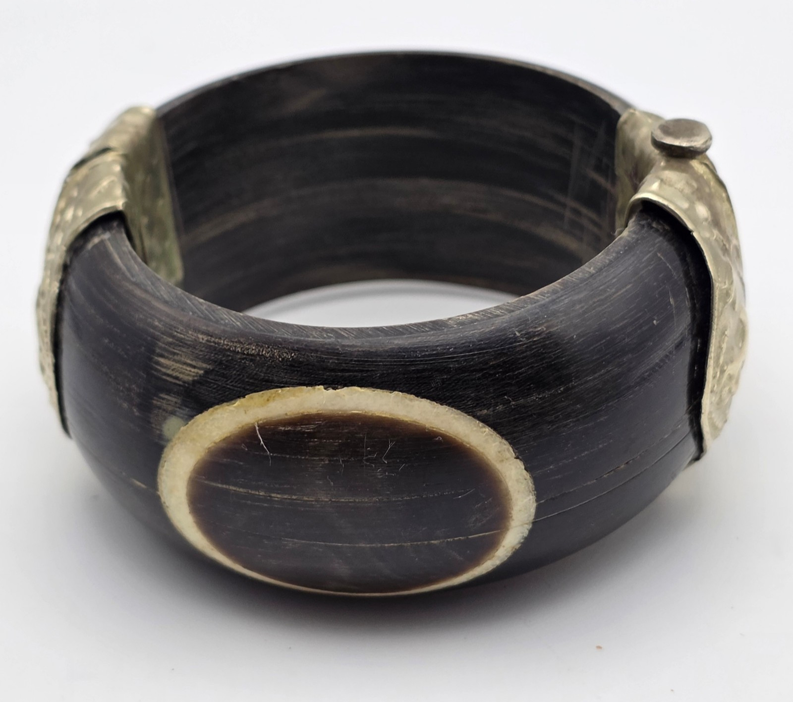 Black Horn Bone Inlay Brass Hinged Pin Clasp Wide Bangle Bracelet India Vintage