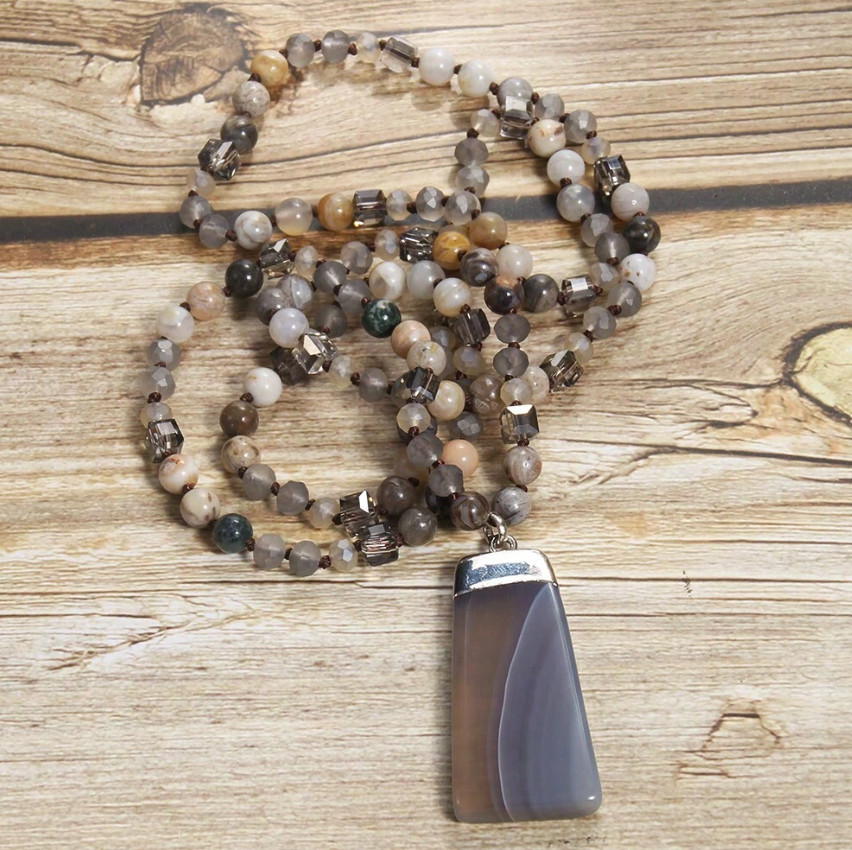 Natural Jasper Beaded Necklace with Gray Banded Agate Pendant 19″ *NEW* Stone