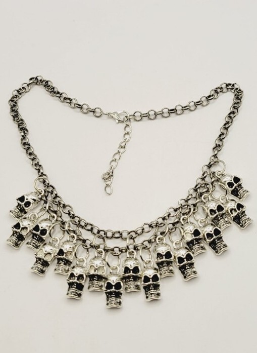 Skull Necklace Dangle Charm Chain Bib Halloween Jewelry Silver tone 20.5 in