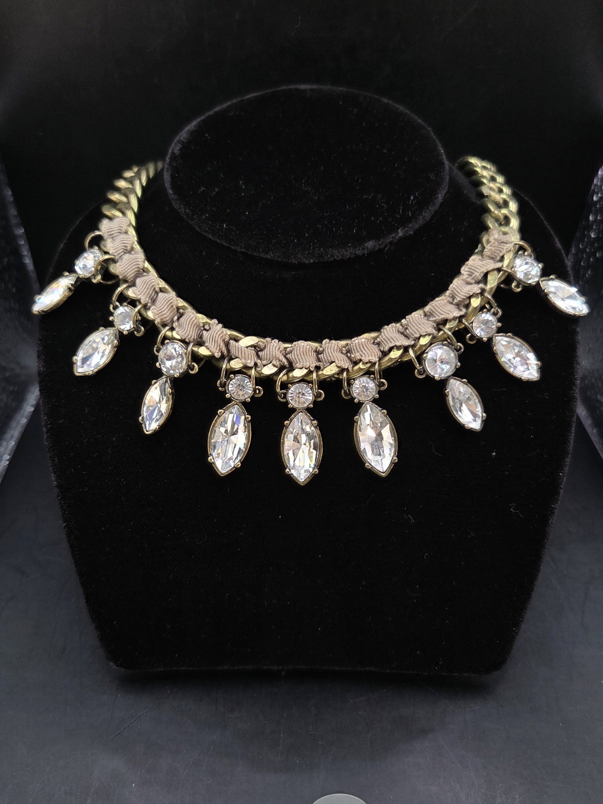 Ann Taylor Loft Rhinestone Necklace Bronze Finish Beige Ribbon 20”