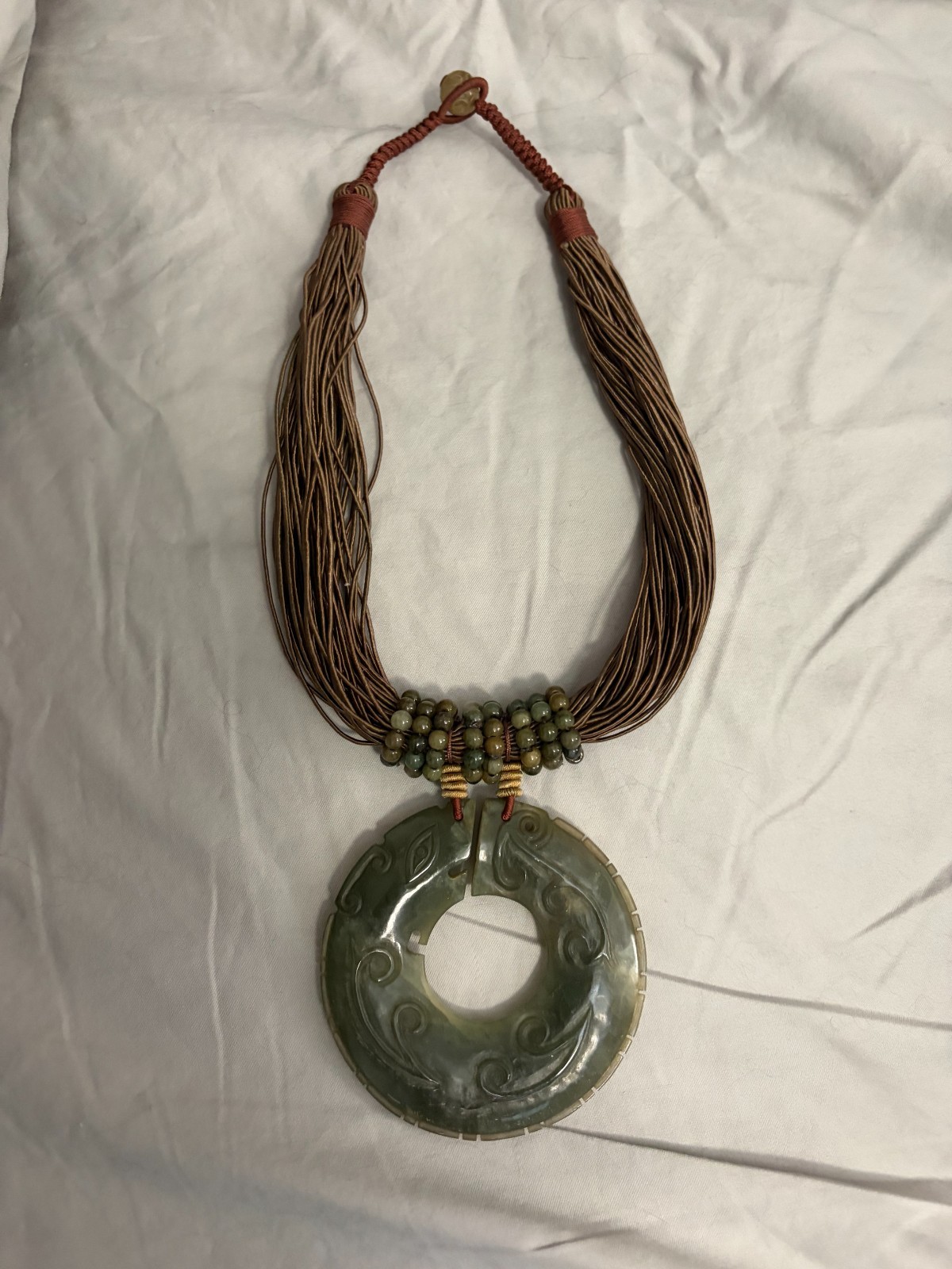 Carved Celadon Jade Bi Disc Statement necklace with Multi-strand Cord