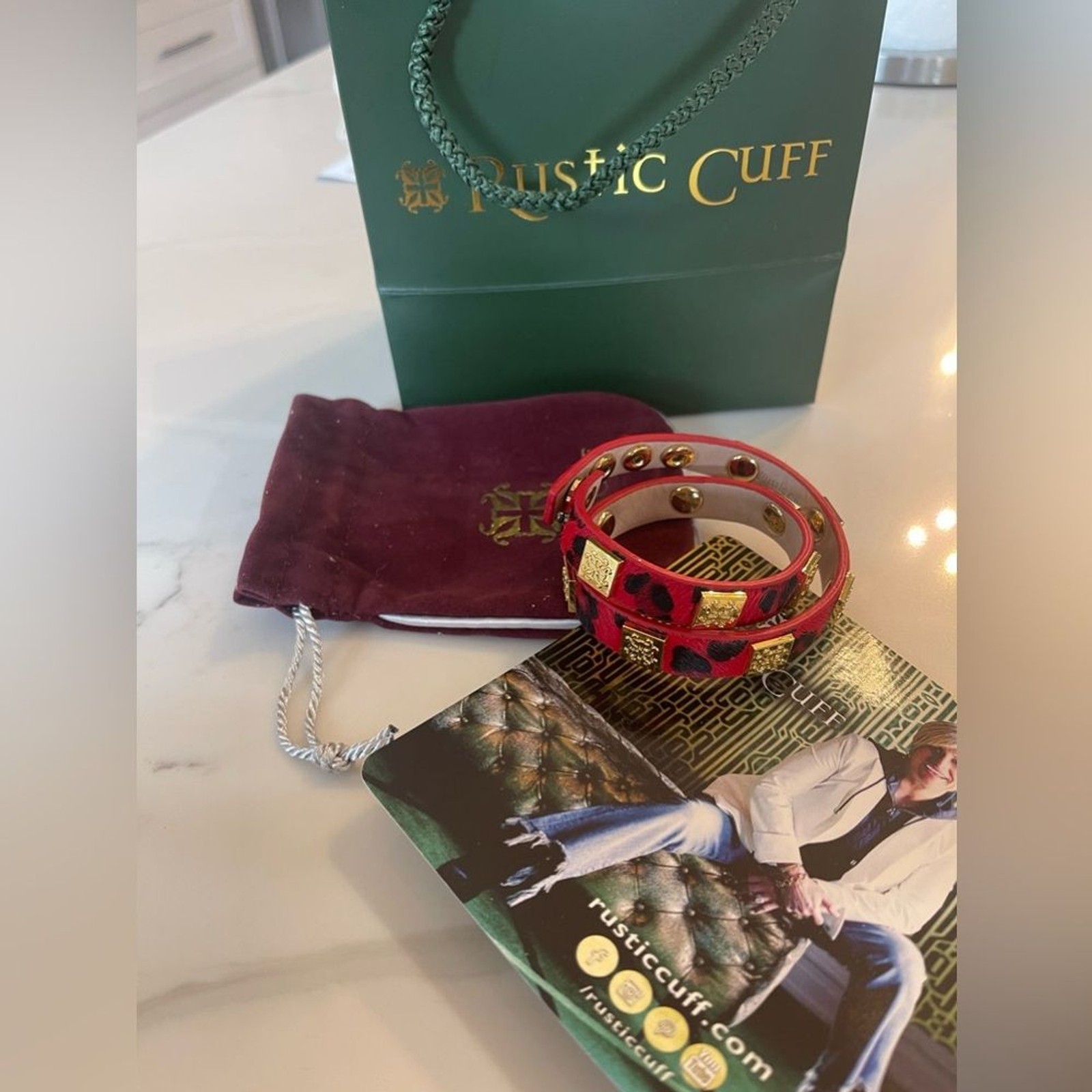 Rustic Cuff Brown Red Calf Skin Double Leather Wrap Gold Tone With Bag & Pouch