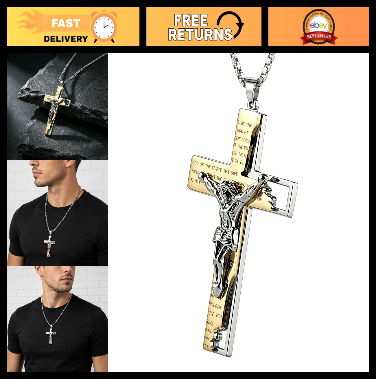 Men’s Stainless Steel Jesus Cross Necklace, Engraved Bible Verse Pendant, 24″ Ch