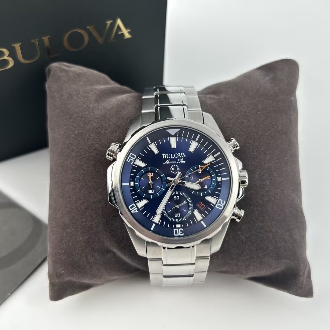 Bulova Men’s Marine Star 96B256 Blue Dial Chronograph Quartz Watch New 43mm