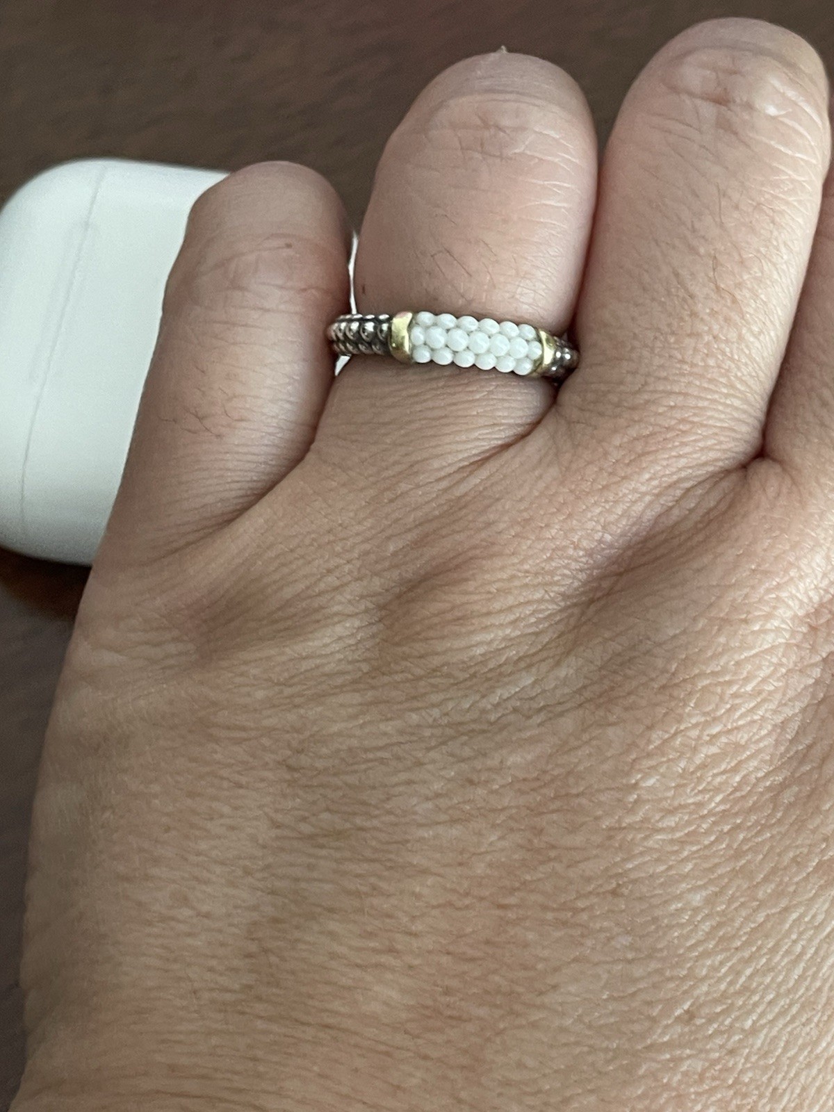 Vintage Lagos Caviar Marked 18k Sterling Silver 925 White Ceramic Ring Size 7