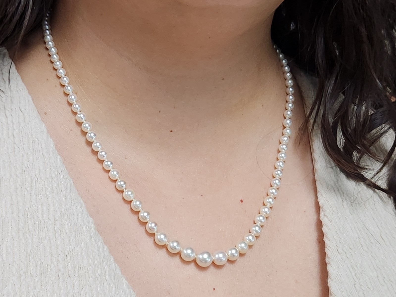 VINTAGE 2.50-8.00mm AKOYA Cultured Pearl & Diamond Graduated 20″ Strand Necklace
