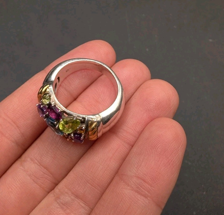EFFY Sterling Silver 925 Gold Accent Multi Gemstone Cluster Ring Size 8
