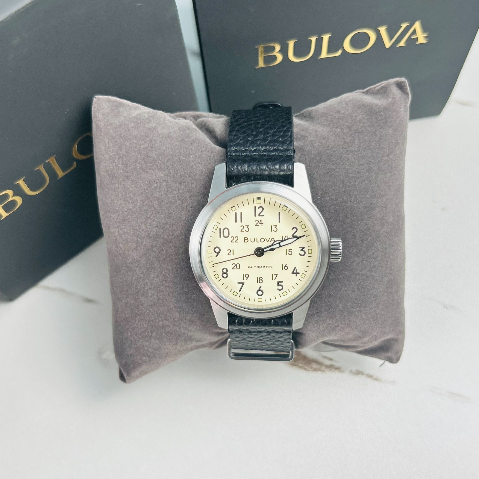 Bulova Men’s Classic Hack Watch 96A246 Ivory Dial Black Leather Automatic Watch