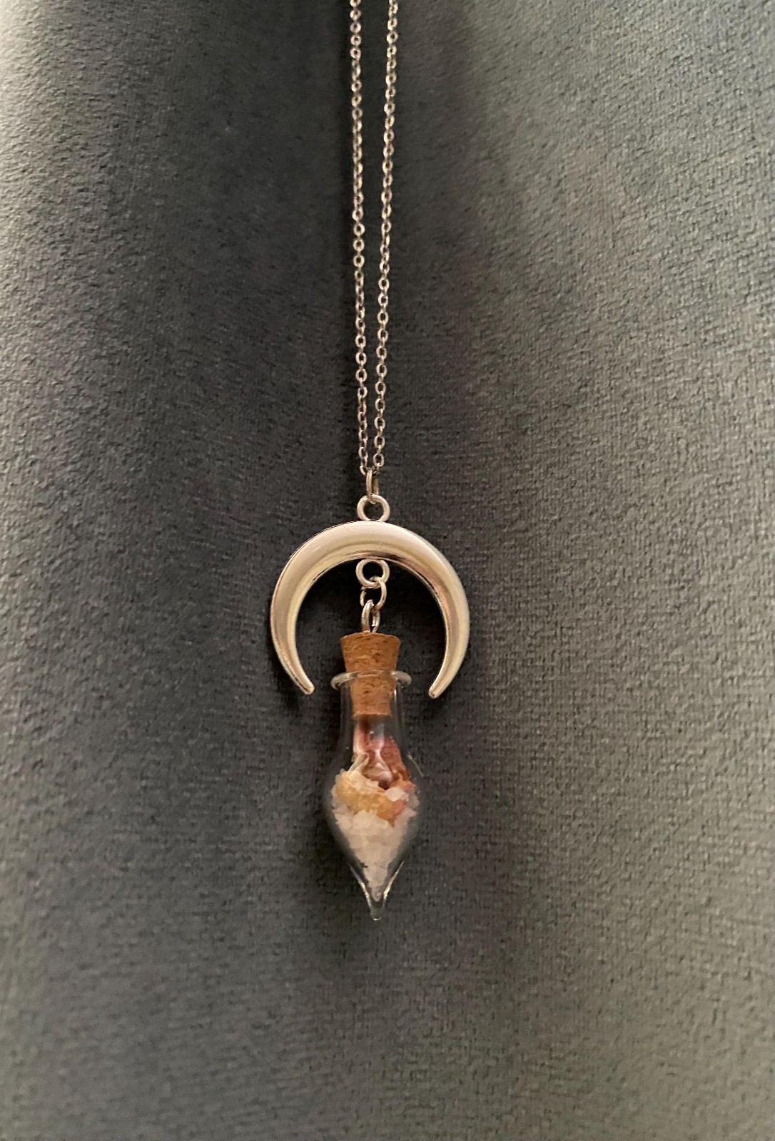 Crescent Moon Necklace Vial of Salt and Rose Petals Love Protection