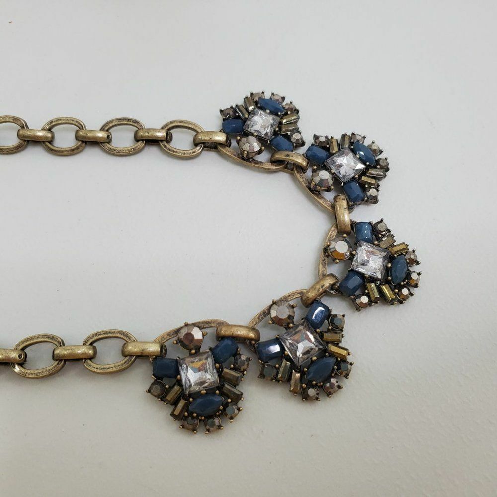 Ann Taylor Loft Necklace Statement Blue Rhinestone Gold Tone Chain Gray