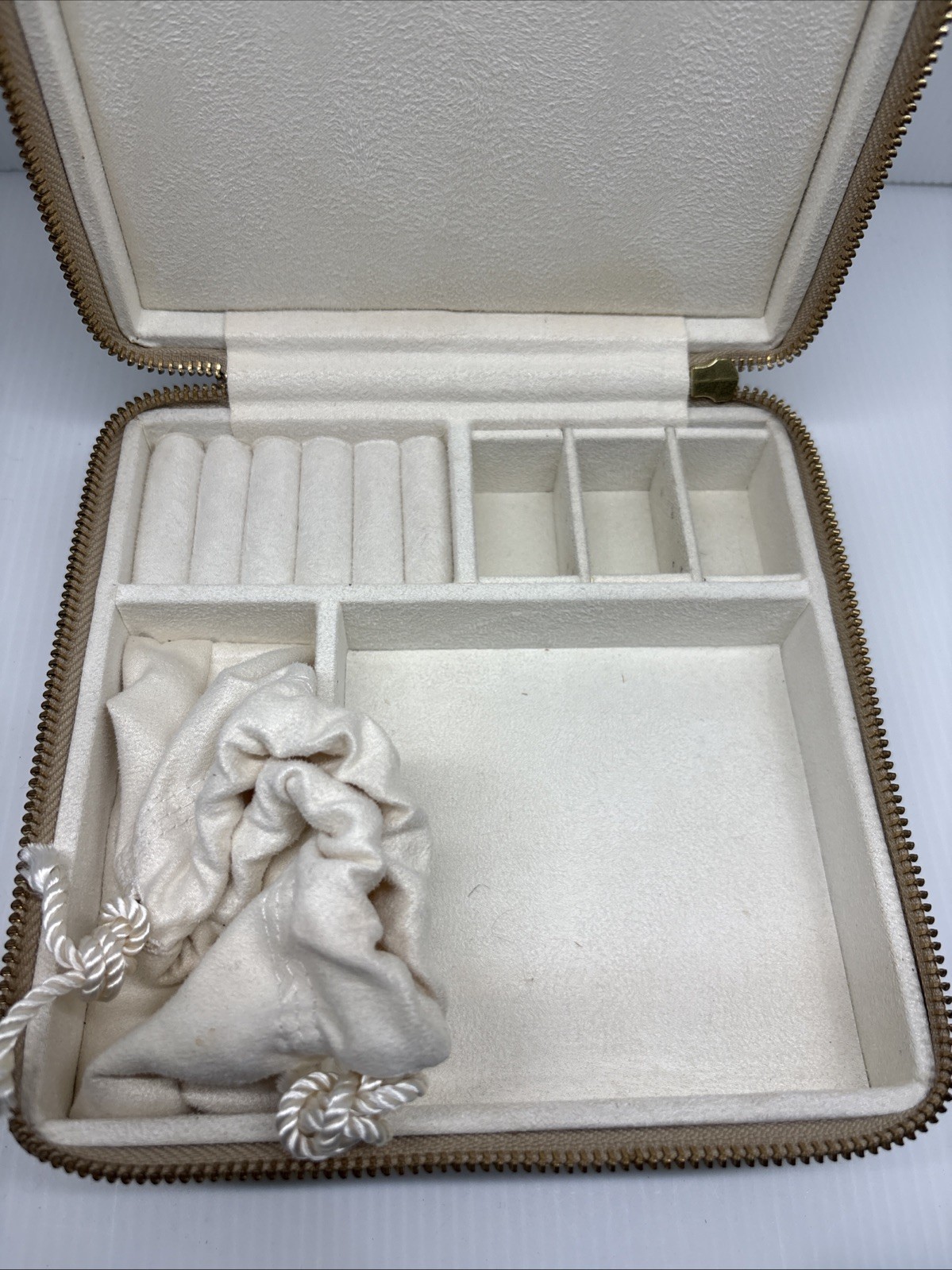 Pottery Barn Monogrammed “MICAELA” Jewelry Case, Beige, 7x7x2” Used
