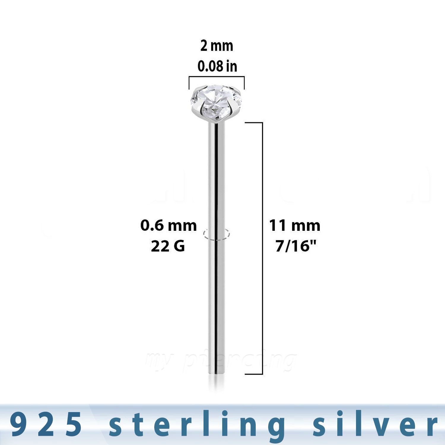 5pcs. 22g 2mm CZ Prong Set .925 Sterling Silver Straight Nose Ring Stud
