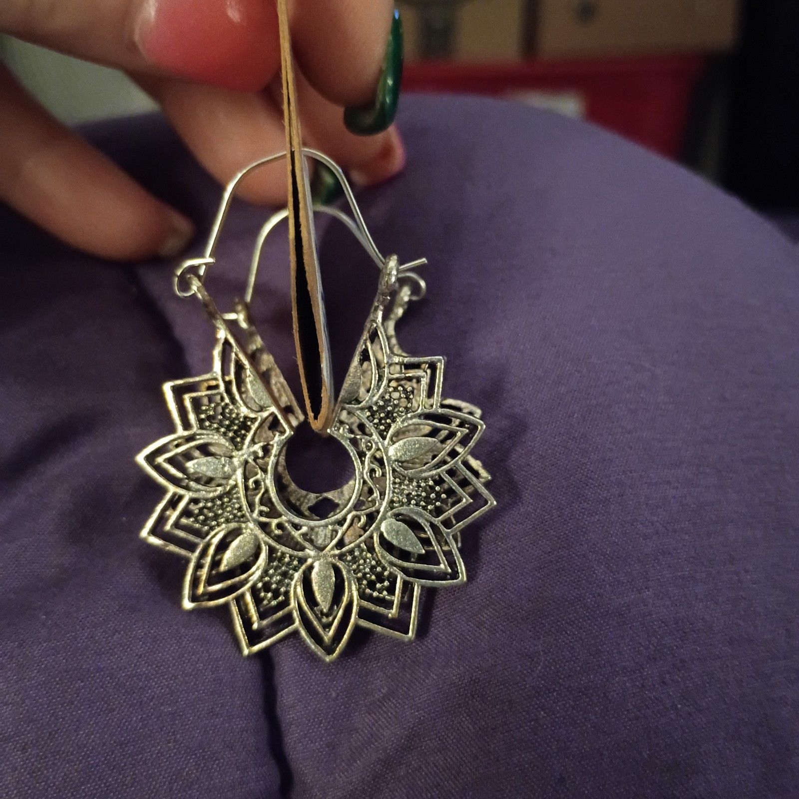 Handcrafted Silver Floral Flower Mandala Dangle/Drop Earrings, French Wire