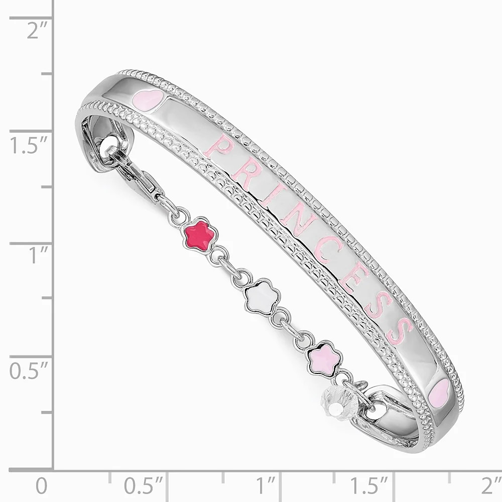 Sterling Silver RH-Plated Enamel & Crystal PRINCESS With Chain Baby Bangle
