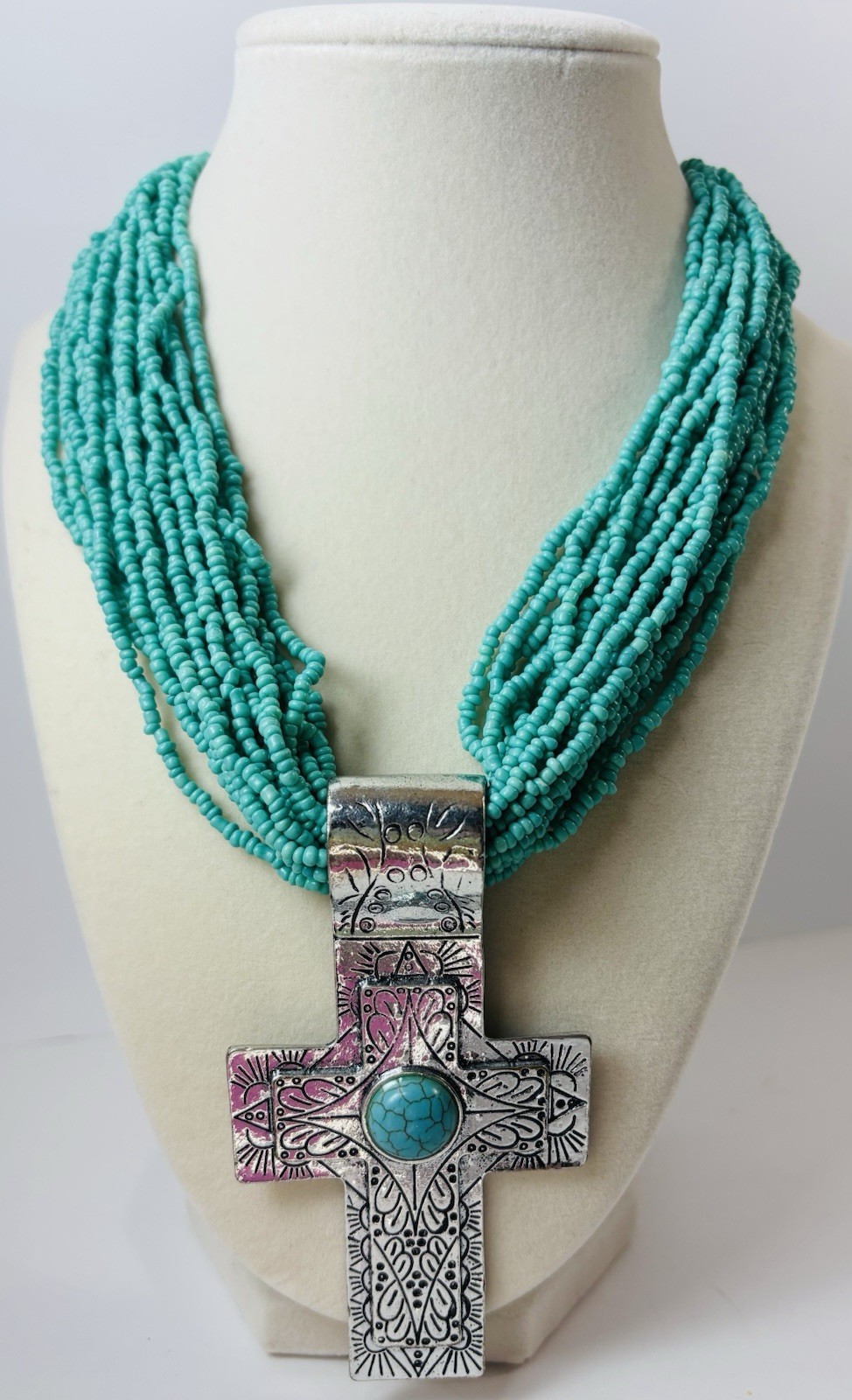 UNICA Turquoise Seed Bead Silver Tone Necklace Boho Artisan Statement Jewelry