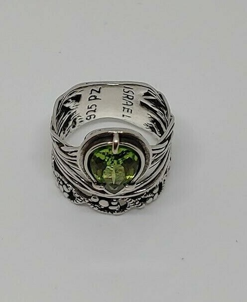 STERLING SILVER PZ ISRAEL SIGNED PEAR SHAPED PERIDOT WIDE RING SIZE 6.5