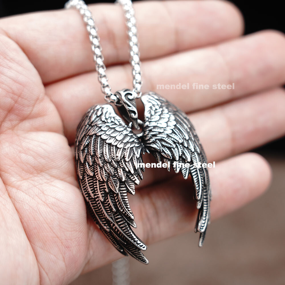 MENDEL Mens Stainless Steel Christian Big Archangel Angel Wings Pendant Necklace