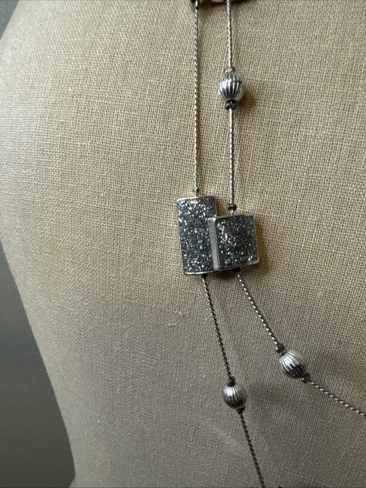 Silver And Black Square Beads 2 Strand Approx 24” Lobster Clasp Adjustable