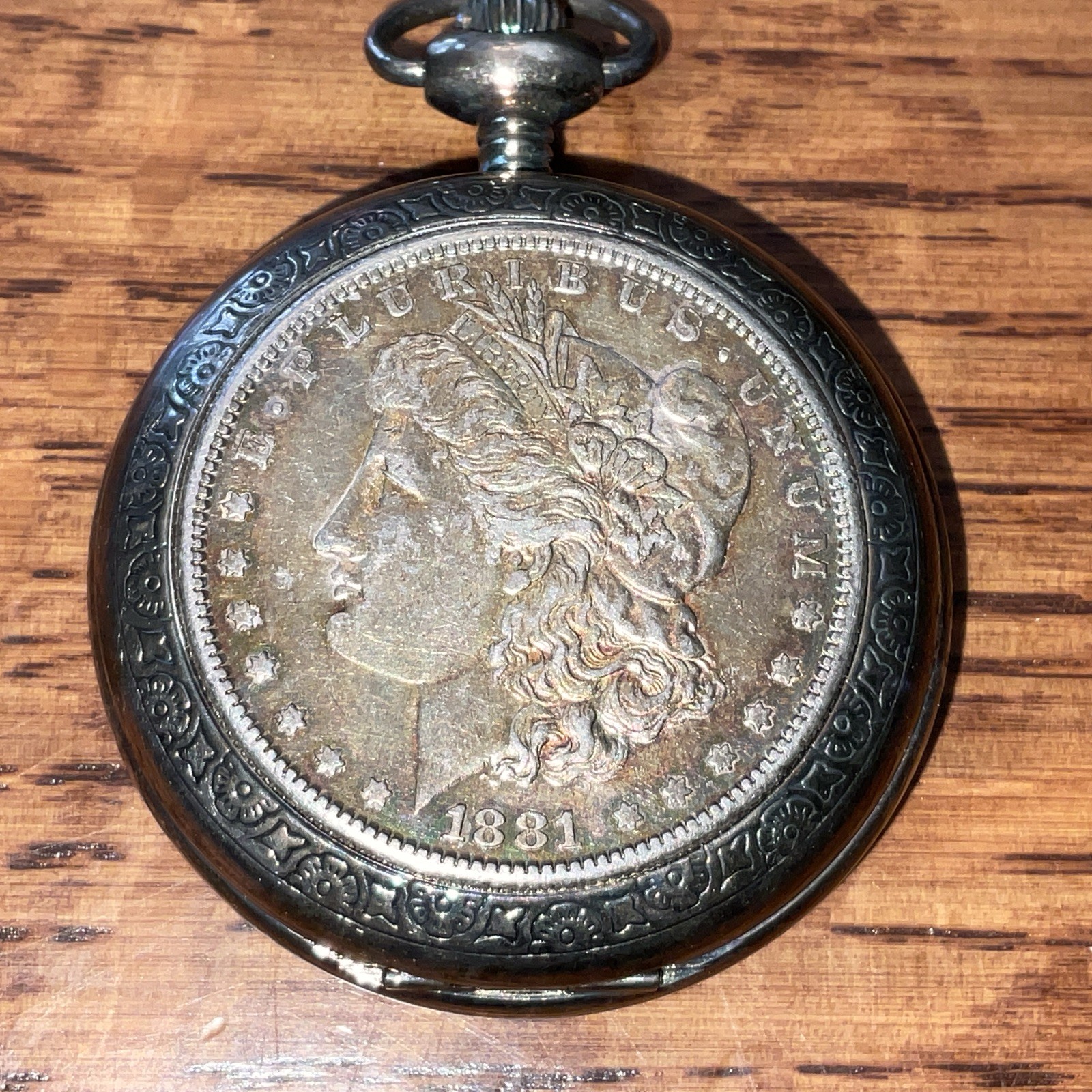 American Historic Society Mechanical Wind Morgan 1881 Dollar Pocket Watch