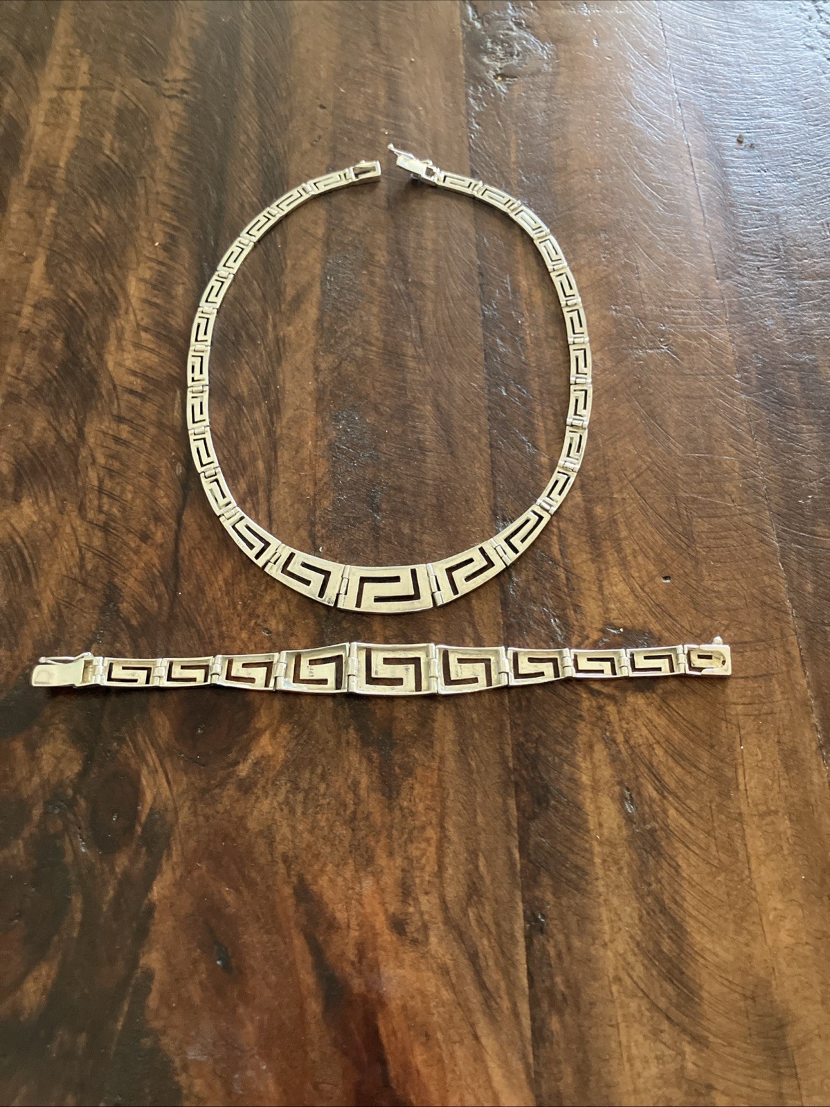 Vintage Beautiful Sterling Silver Greek Key Design Necklace And Bracelet Pair